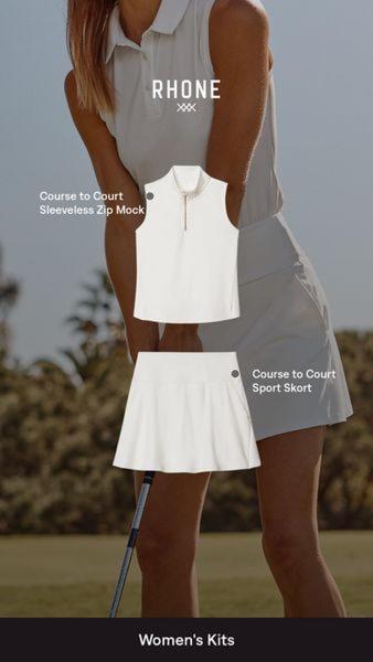golf outfit, tennis wear, athletic skirt set, sport polo, activewear set, golf skirt, sleeveless polo, product launch, lifestyle, fresh, trustworthy, neutral